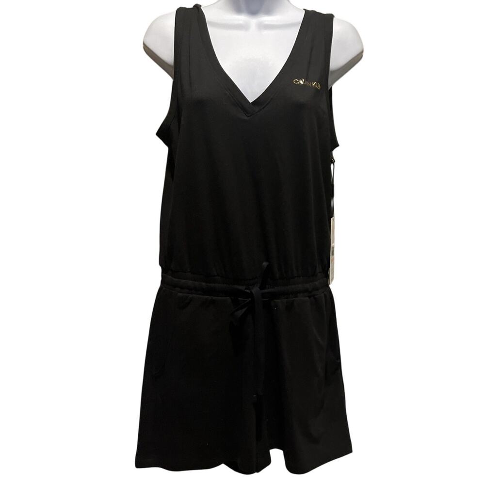 Calvin Klein Sleeveless Romper Black Gold Logo Spellout V‑Neck • Women’s S • NWT